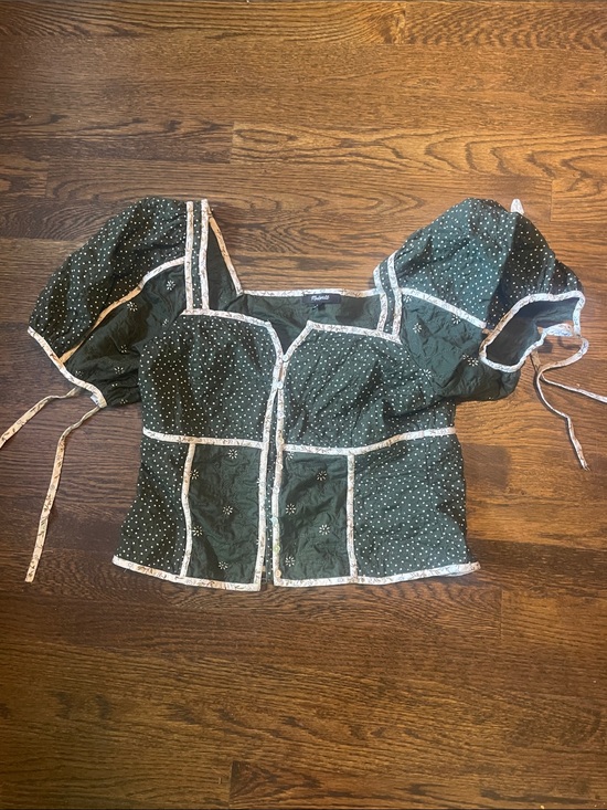 Madewell Tops - Madewell Dark Green Polka Dot Puff Sleeve Blouse with Contrast Trim